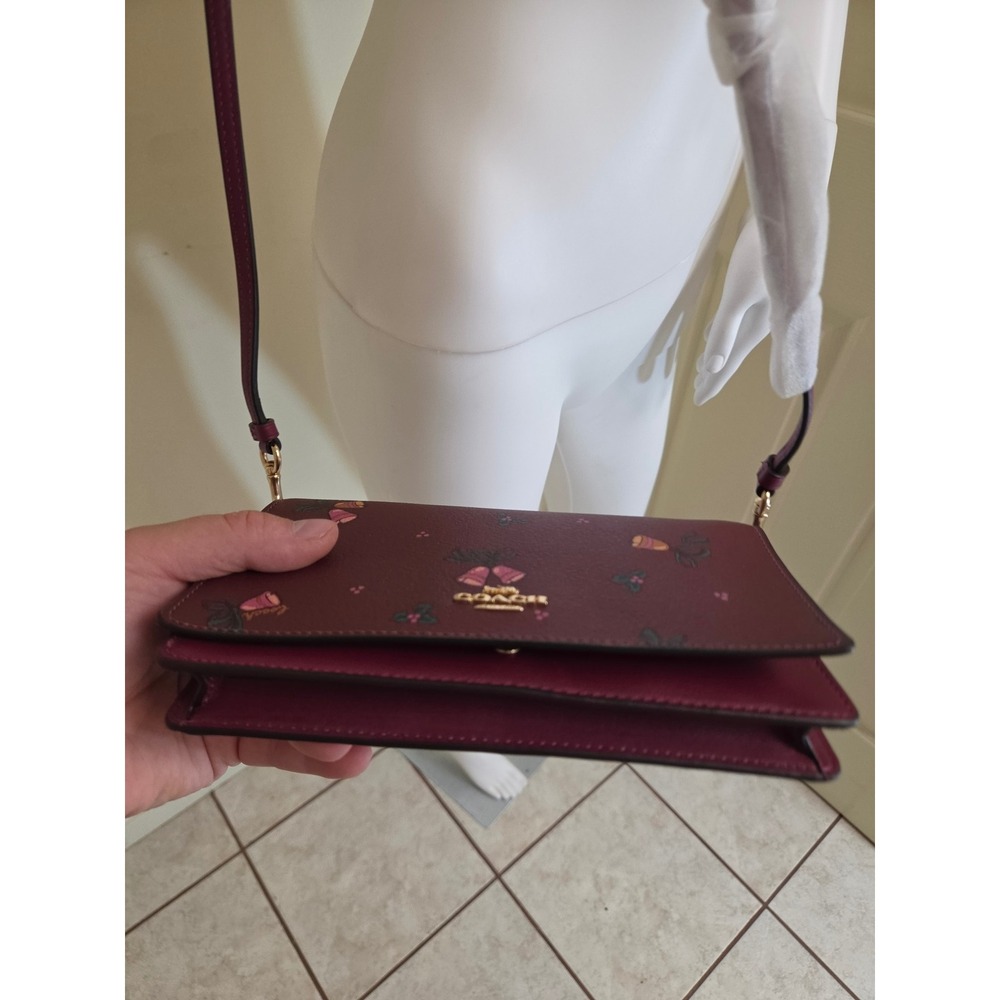 Coach Crossbody Bag Wine Burgundy Holiday Bell Print Crossgrain Leather New - Picture 8 of 11